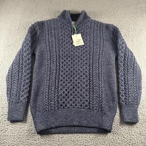 Original Aran Co. Sweater Mens M Blue 1/4 Zip Mock Neck Merino Wool Fisherman
